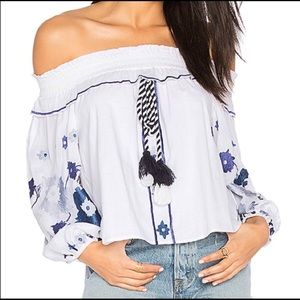 MISA Selena off the shoulder embroidered top white medium blue floral